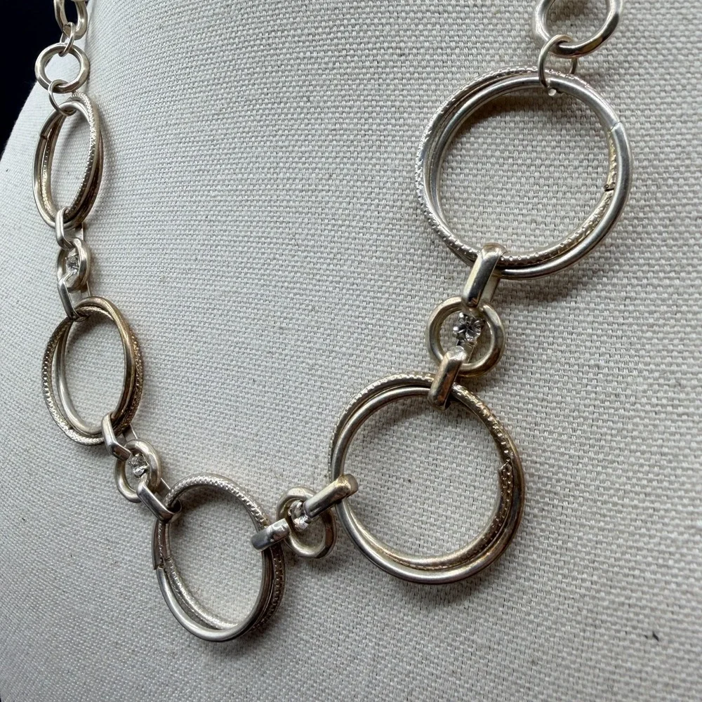 Silver Tone Circle Link Statement Necklace Rhinestone Accents Modern Geometric